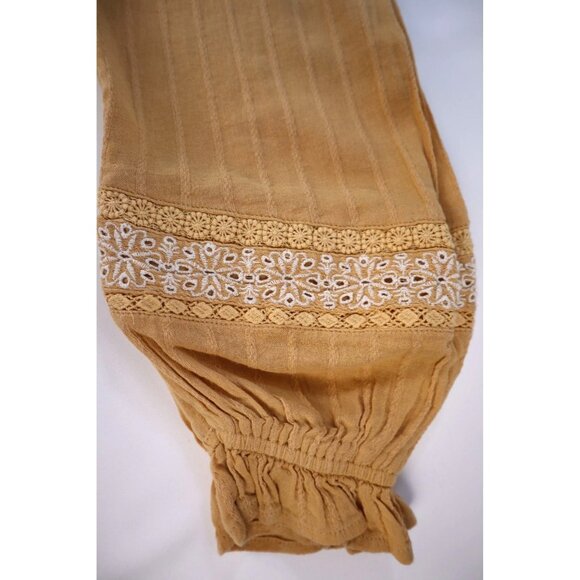 American Eagle Embroidered Mustard Yellow Peasant Blouse With Tassel Tie Neck S - Picture 5 of 12